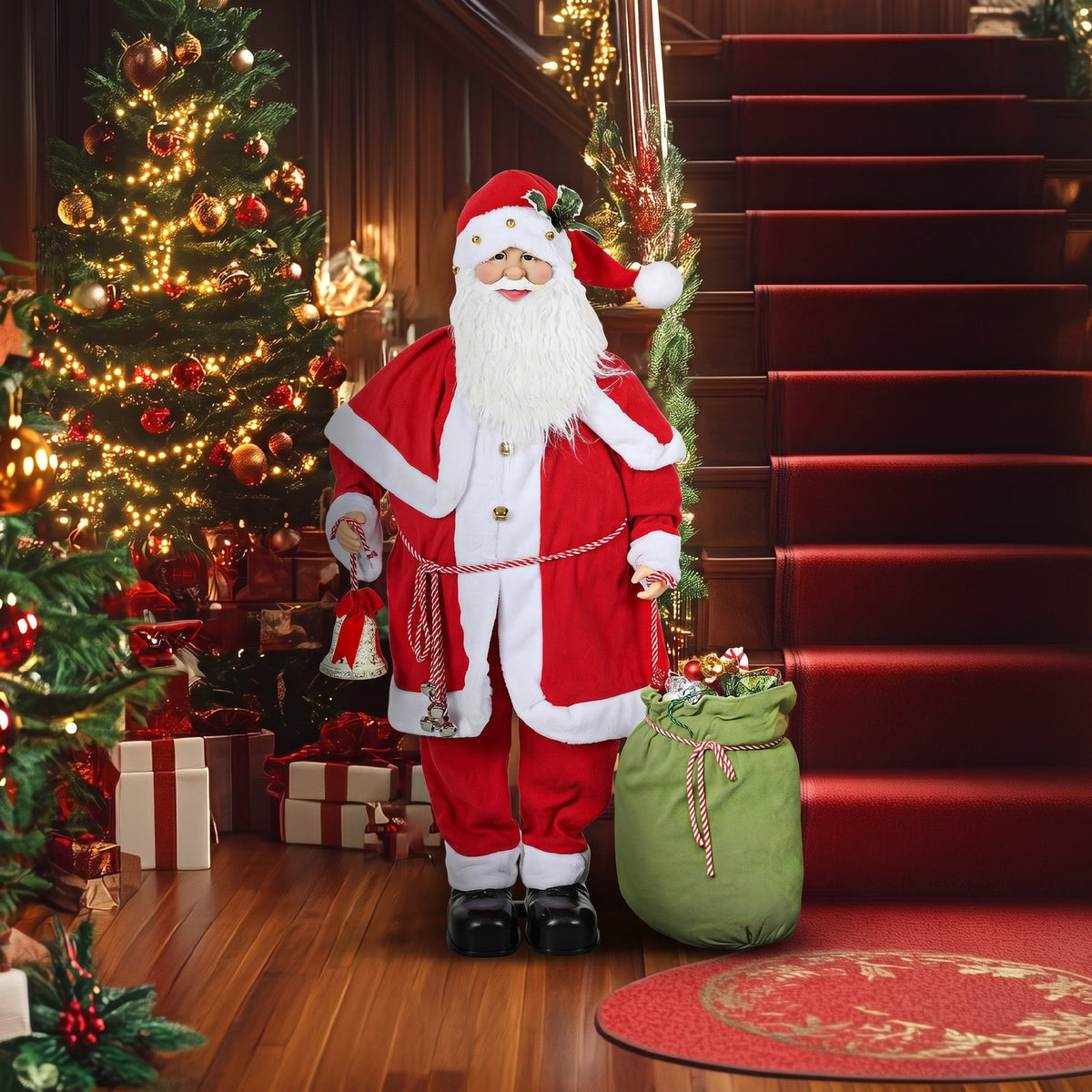 Figurine de Père Noël, Debout de Père Noël Rouge Traditionnelle 140 cm avec Sac de Cadeaux, Effets Sonores et Cloche