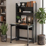 Bureau Informatique avec Étagères de Rangement, Plateau Rabattable, 2 Roulettes, pour Chambre, Salon, 80x69x155cm, Noir