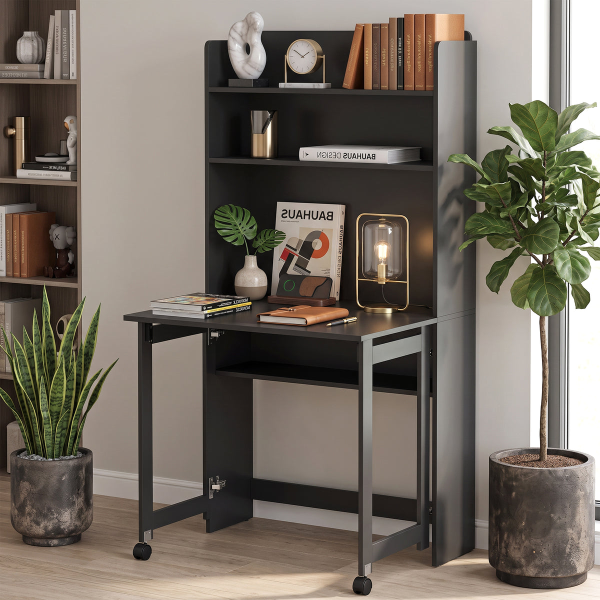 Bureau Informatique avec Étagères de Rangement, Plateau Rabattable, 2 Roulettes, pour Chambre, Salon, 80x69x155cm, Noir