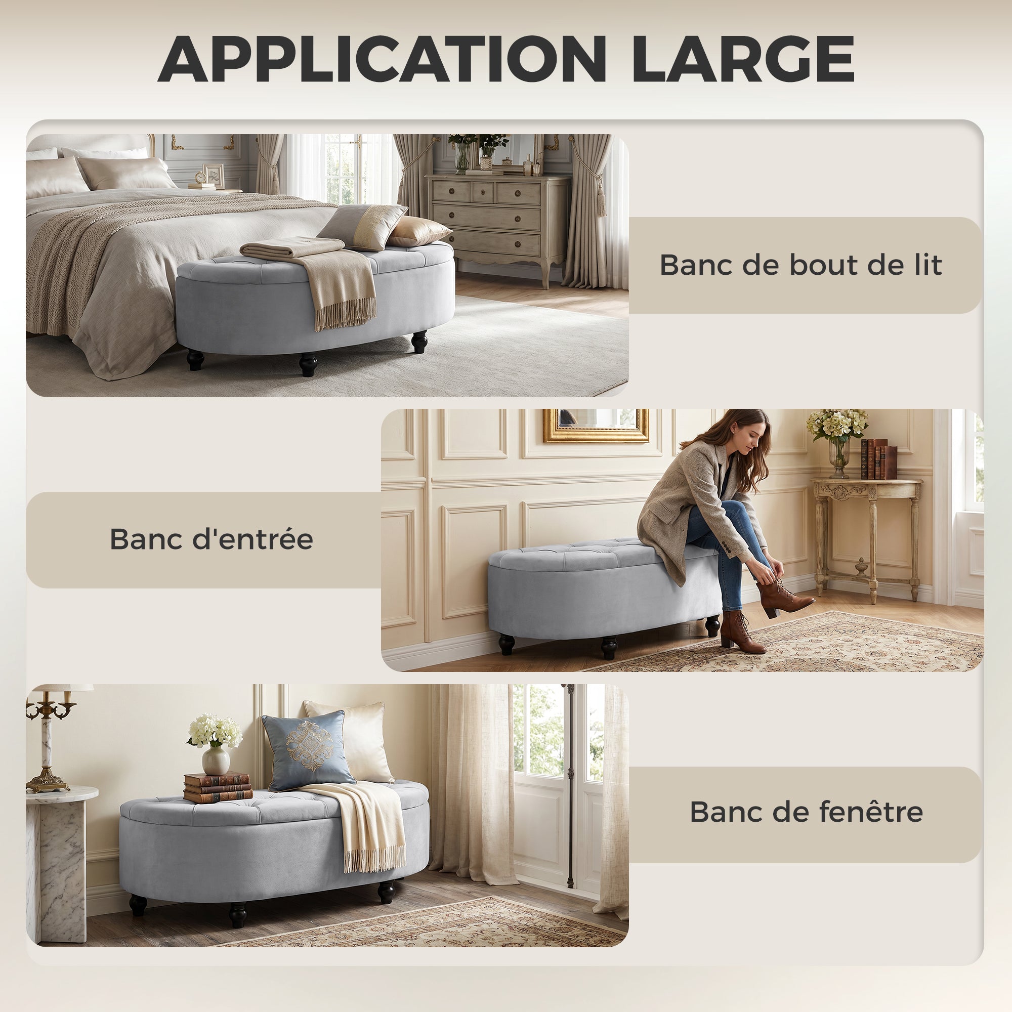 Panca contenitore, baule contenitore di design imbottito a semicerchio, fondo letto con rivestimento in velluto, gambe in legno di albero della gomma, per soggiorno, camera da letto, ingresso, 120 x 46 x 42 cm, grigio