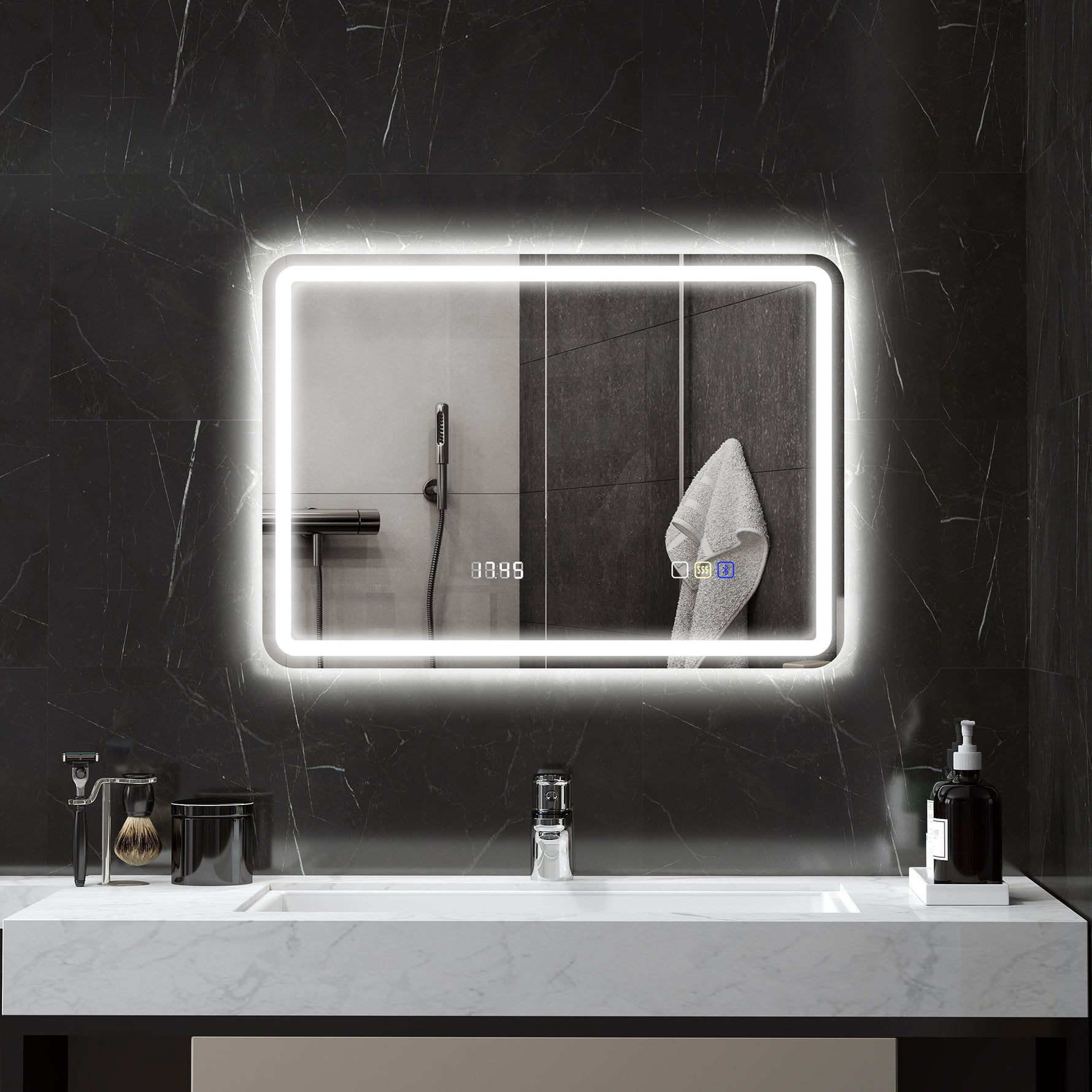 Miroir salle de bain Bluetooth avec éclairage LED 50 x 70 cm, miroir lumineux mural avec horloge, antibuée, argenté