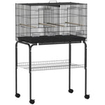 Cage à Oiseaux Volière Intérieur Acier avec Séparateur, 4 Perchoirs, Plateau Coulissant, 4 Mangeoires, 76x46x116cm, Noir