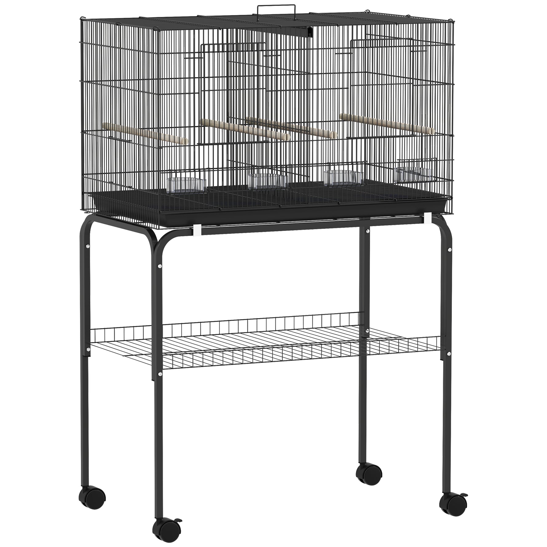 Cage à Oiseaux Volière Intérieur Acier avec Séparateur, 4 Perchoirs, Plateau Coulissant, 4 Mangeoires, 76x46x116cm, Noir