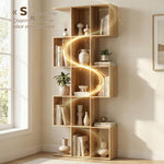 Bibliothèque à 5 niveaux, étagère de rangement en forme S avec 15 compartiments ouverts, 80 x 24 x 200 cm, chêne