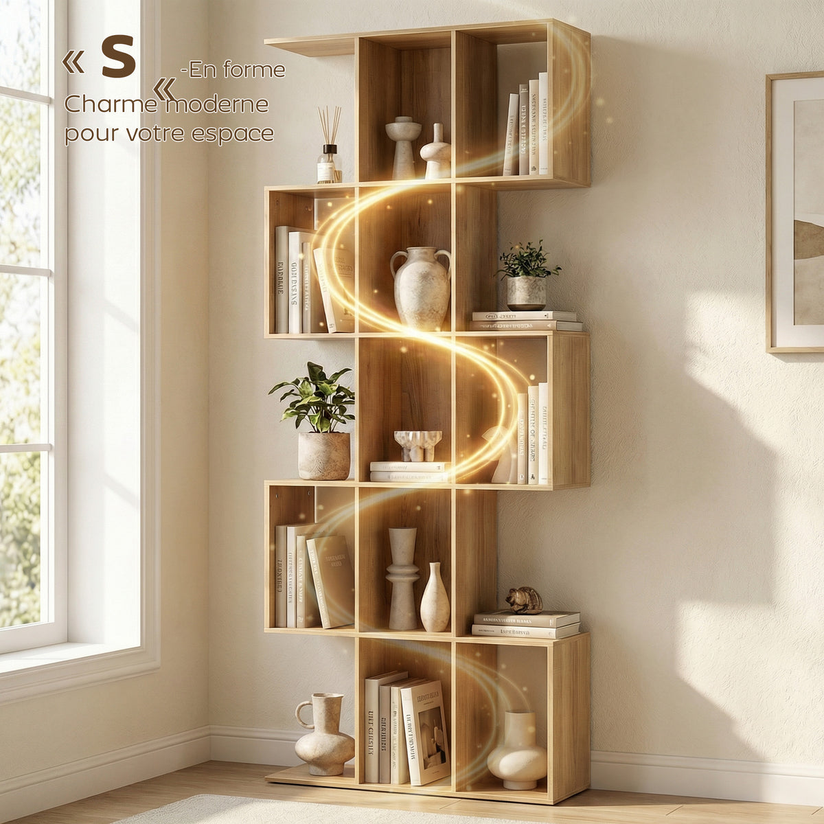 Bibliothèque à 5 niveaux, étagère de rangement en forme S avec 15 compartiments ouverts, 80 x 24 x 200 cm, chêne
