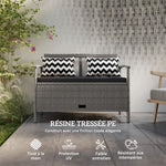 Gartenbank für 2 Personen, 160L Stauraumbank aus PE-Rattan mit Sitzkissen und 2 Kissen, 112 x 62 x 82 cm, Grau