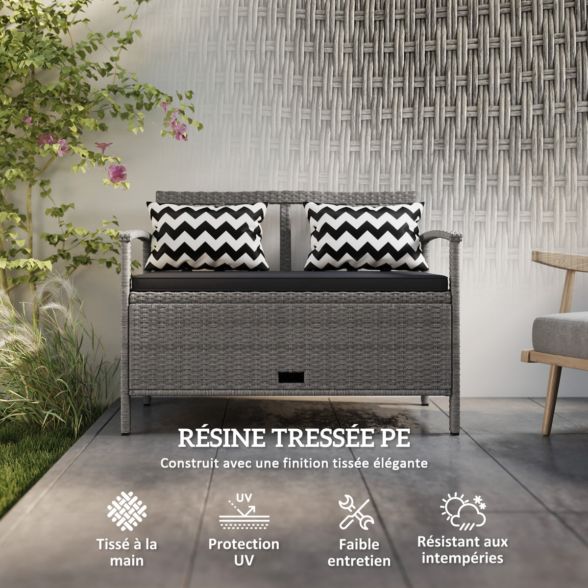 Gartenbank für 2 Personen, 160L Stauraumbank aus PE-Rattan mit Sitzkissen und 2 Kissen, 112 x 62 x 82 cm, Grau