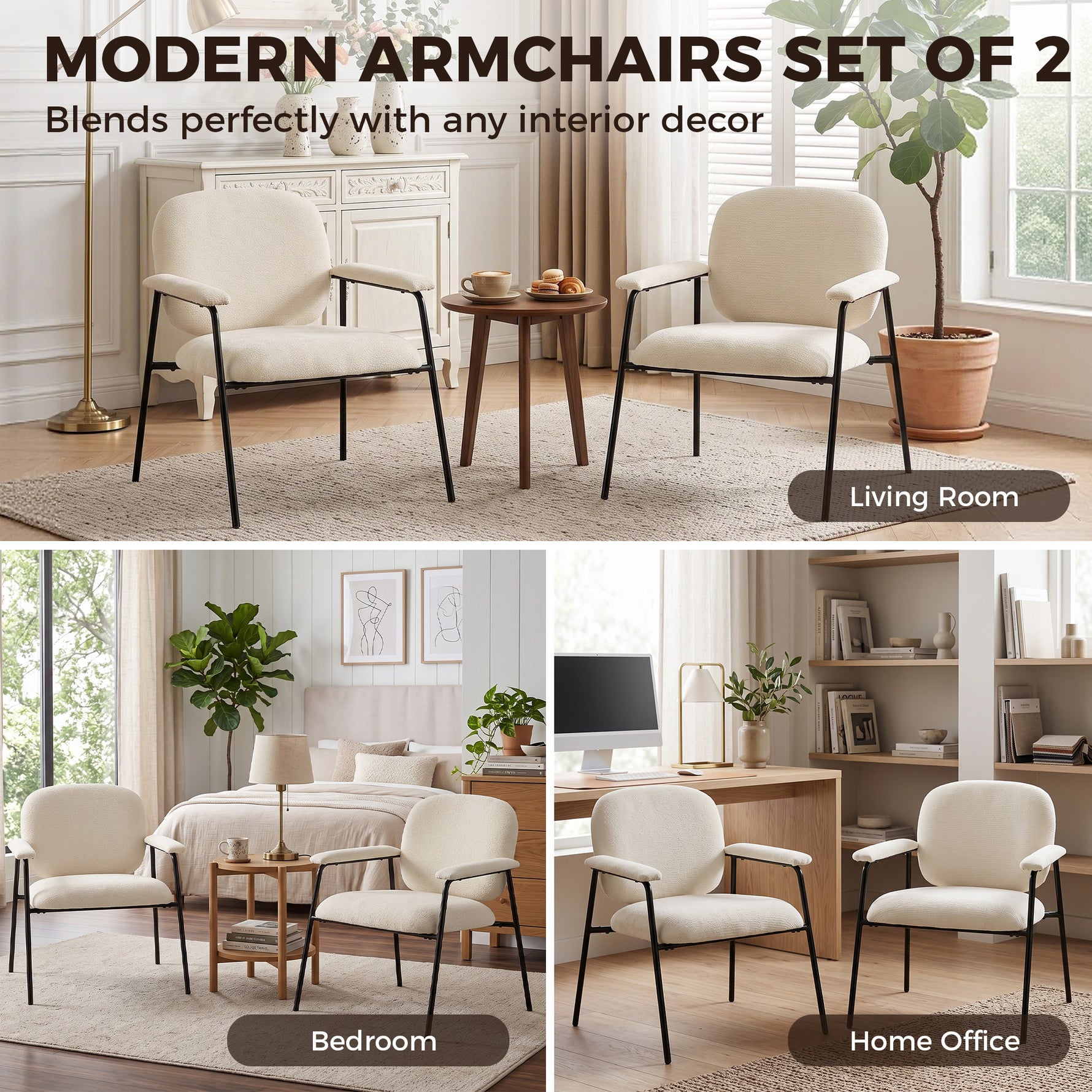 Lot de 2 Fauteuils Salon, Fauteuils d'Appoint en Chenille avec Dossier Profilé, Accoudoirs Rembourrés, Crème