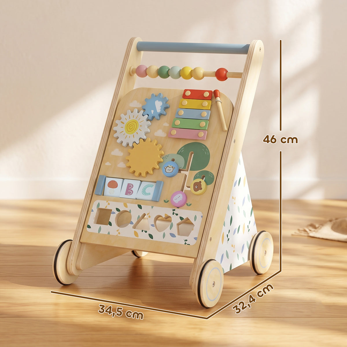 Trotteur Bebe en Bois, Chariot de Marche Bébé avec Centre d'Activités, Vitesse Réglable et 5 Blocs, dès 18 Mois, Naturel
