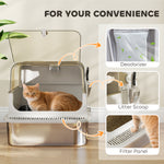 Maison de Toilette pour Chat XXL en Inox, Couvercle 90°, Double Porte, Filtre Frontal, Pelle, 70x50x46,5cm, Gris