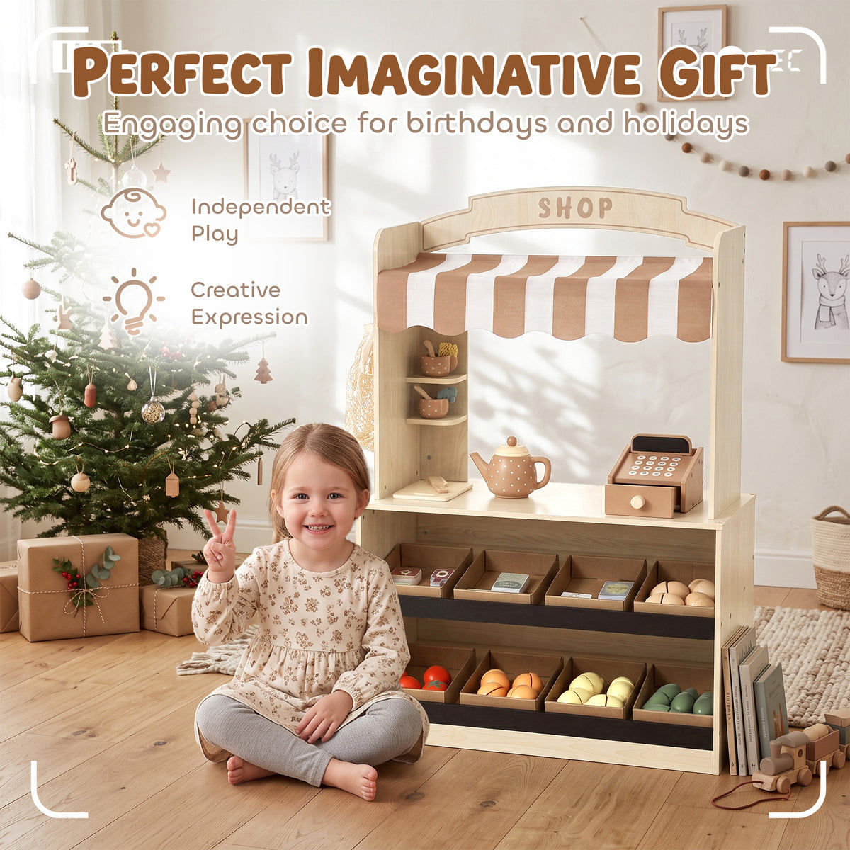 Holz-Rollenspielset für Kinder, Kasse, Spiellebensmittel, Kreidetafel und 61 Zubehörteile, für 3 bis 8 Jahre