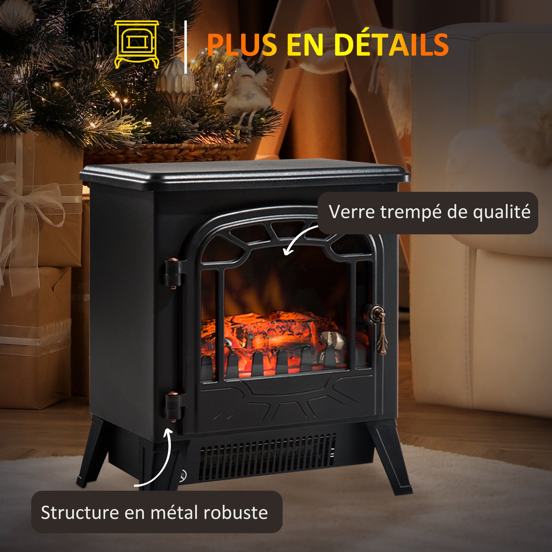 Cheminée électrique radiateur Imitation Flamme avec luminosité et réglable 925 W / 1850 W Porte métal Verre trempé Noir