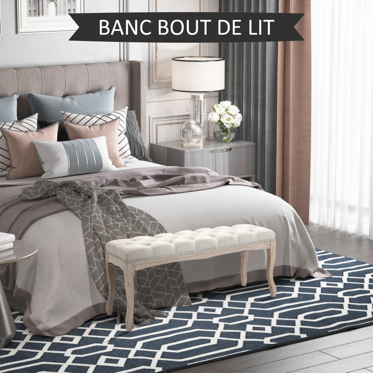 Lot de 2 banc Banquette capitonnée Style Classique 110 cm Bout de lit Rembourrée en lin piètement Bois hévéa sculpté