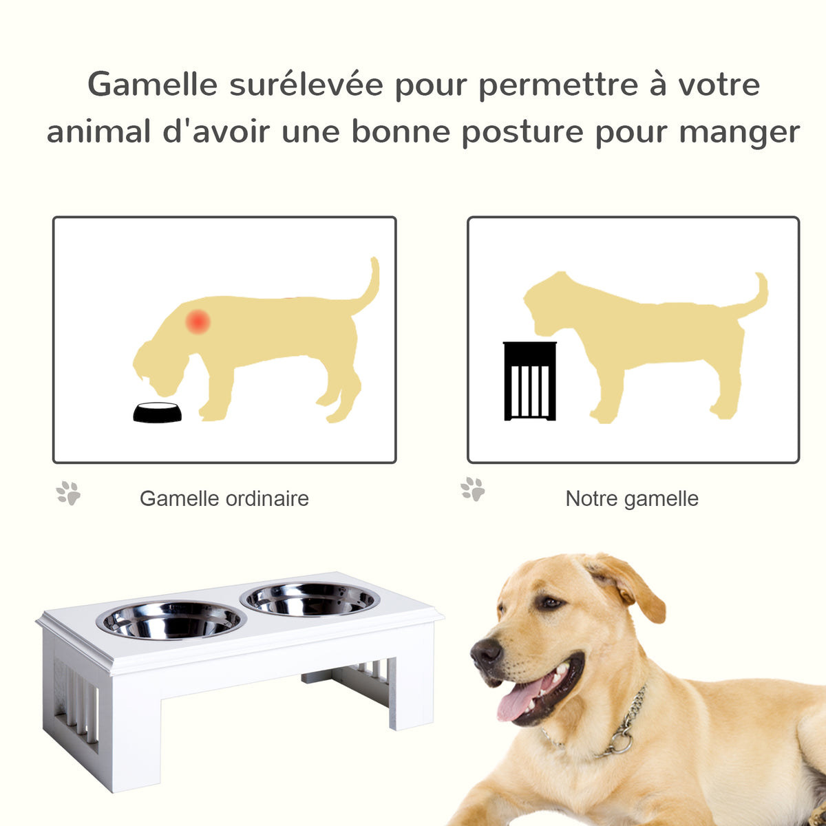 Gamelles chiens surélevées gamelle double chien chat Porte-gamelles surélevé dim. 44L x 24l x 15H cm 2 gamelles 0,9L acier inox. incluses bois blanc