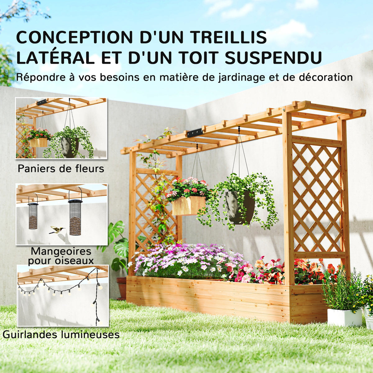 Jardinière surélevée avec treillis latéral et supérieur, bac à fleurs trous de drainage, 200x44x113,5cm, bois naturel
