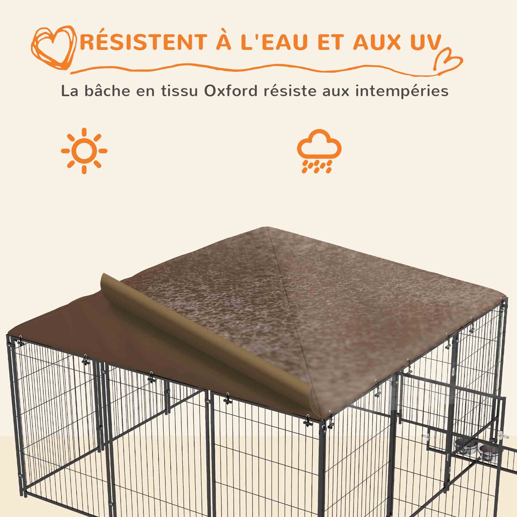 Chenil extérieur pour chiens en acier et tissu Oxford avec support gamelle toit 211 x 211 x 151 cm noir et café