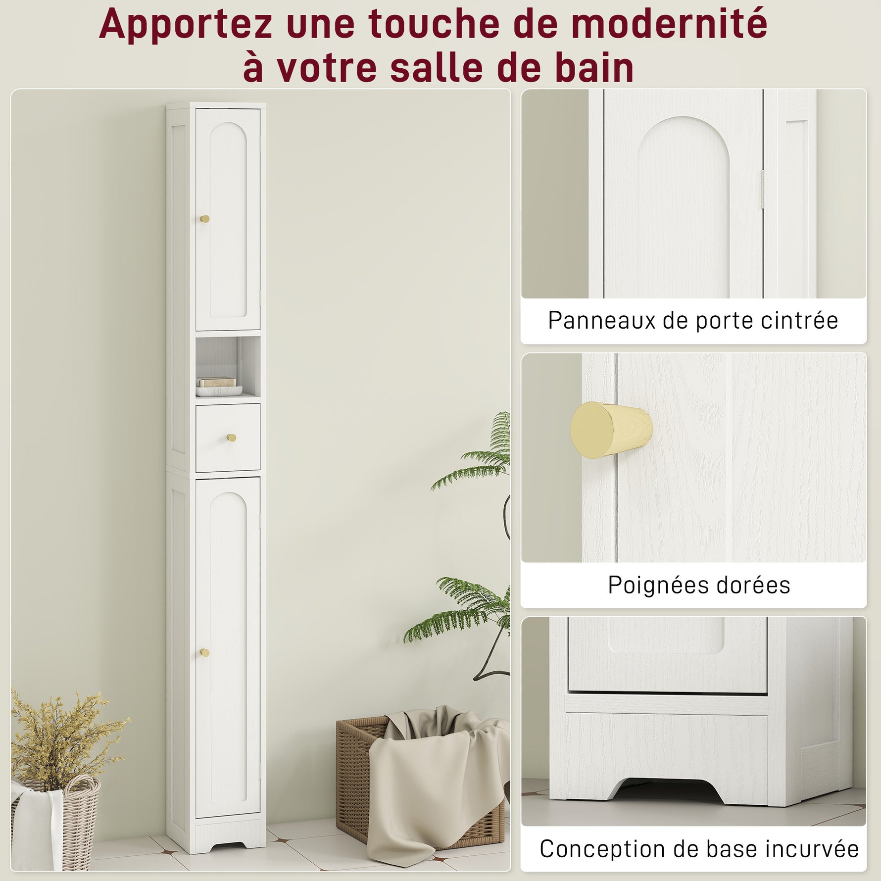 Meuble colonne salle de bain, meuble de rangement, 2 portes, tiroir, compartiment ouvert, étagère réglable, blanc