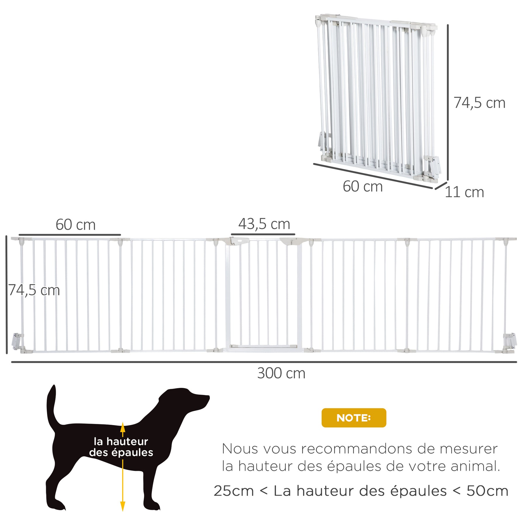 Barrière de sécurité parc enclos chien modulable pliable porte intégrée 300L max. x 74,5H cm métal PP blanc