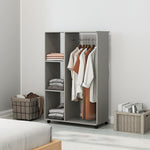 Armoire penderie meuble de rangement mobile 4 roulettes avec tringle à vêtements et étagères ouvertes, gris