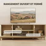 Meuble TV 135 cm, meuble télé pour téléviseur jusqu'à 65 pouces avec 2 portes en rotin, 2 compartiments ouverts, chêne