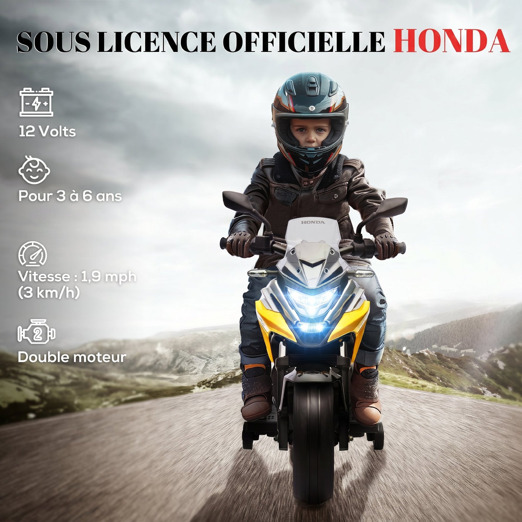 Moto électrique pour enfants moto porteur Honda pour enfants 3 à 6 ans avec musique, phares jaune