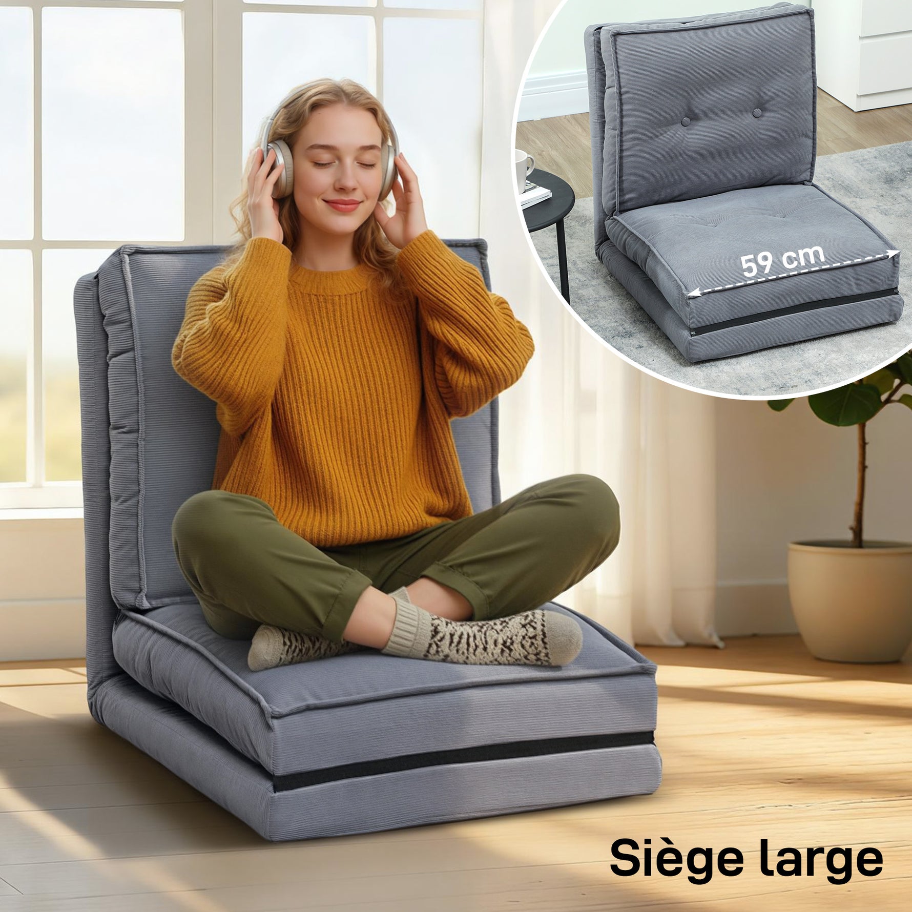 Fauteuil de sol pliable en velours côtelé, matelas de sol avec dossier réglable en 5 positions, 59 x 230 x 15 cm, gris