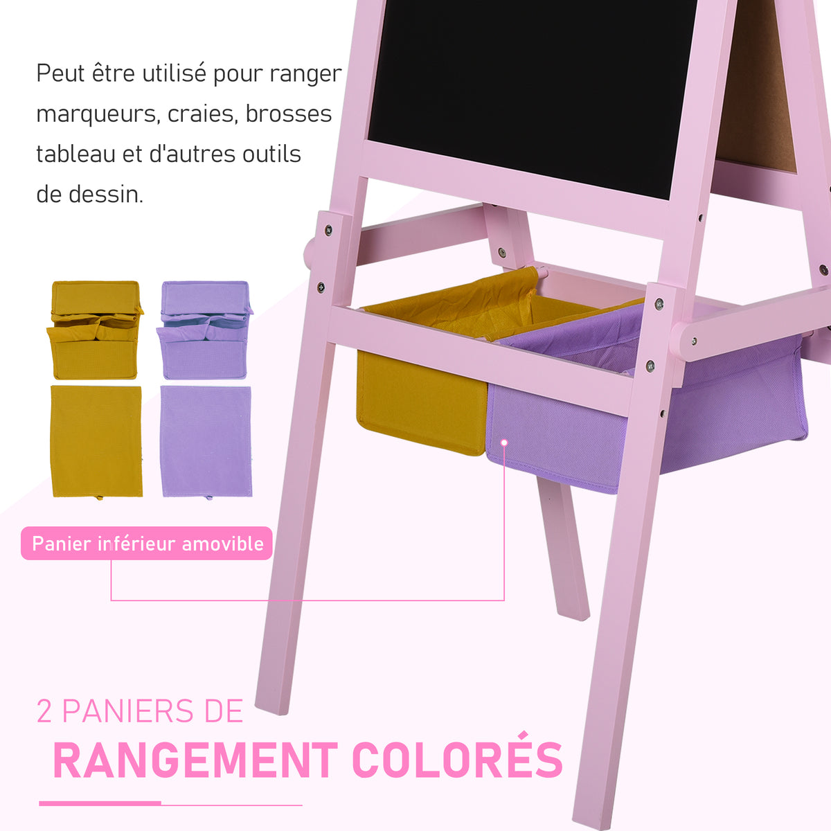 3-in-1 Kindertafel – Kinderstaffelei – doppelseitige Tafel – Whiteboard und Kreidetafel – Papierrolle mit Zubehör + integrierte Aufbewahrungskörbe – MDF, Rosa