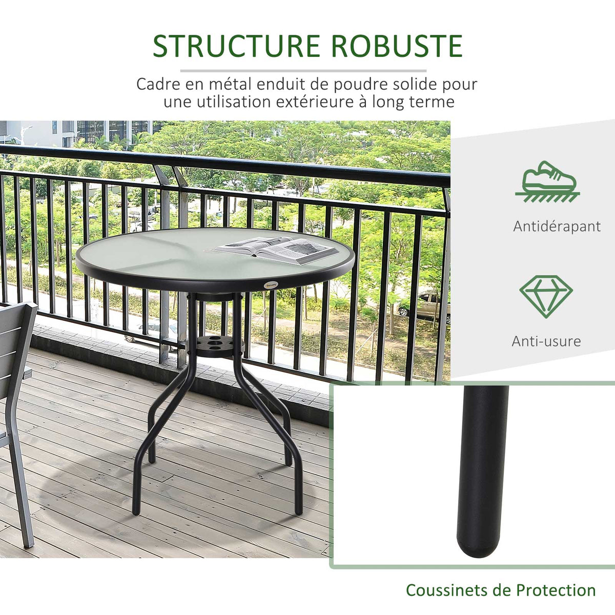 Table Ronde Bistro de Jardin Ø 80 x 72H cm Espace Installation Parasol Acier époxy Noir Plateau Verre trempé