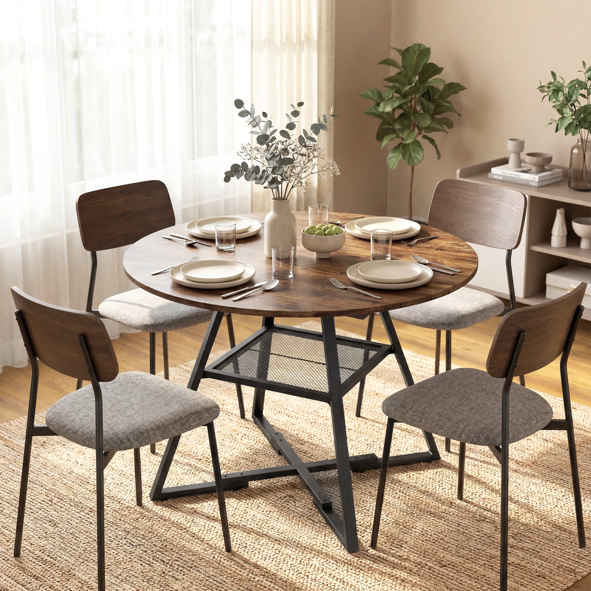 Table à manger ronde pour 4 personnes, Ø 100 x 76 cm, table de cuisine avec large plateau et étagère, brun rustique