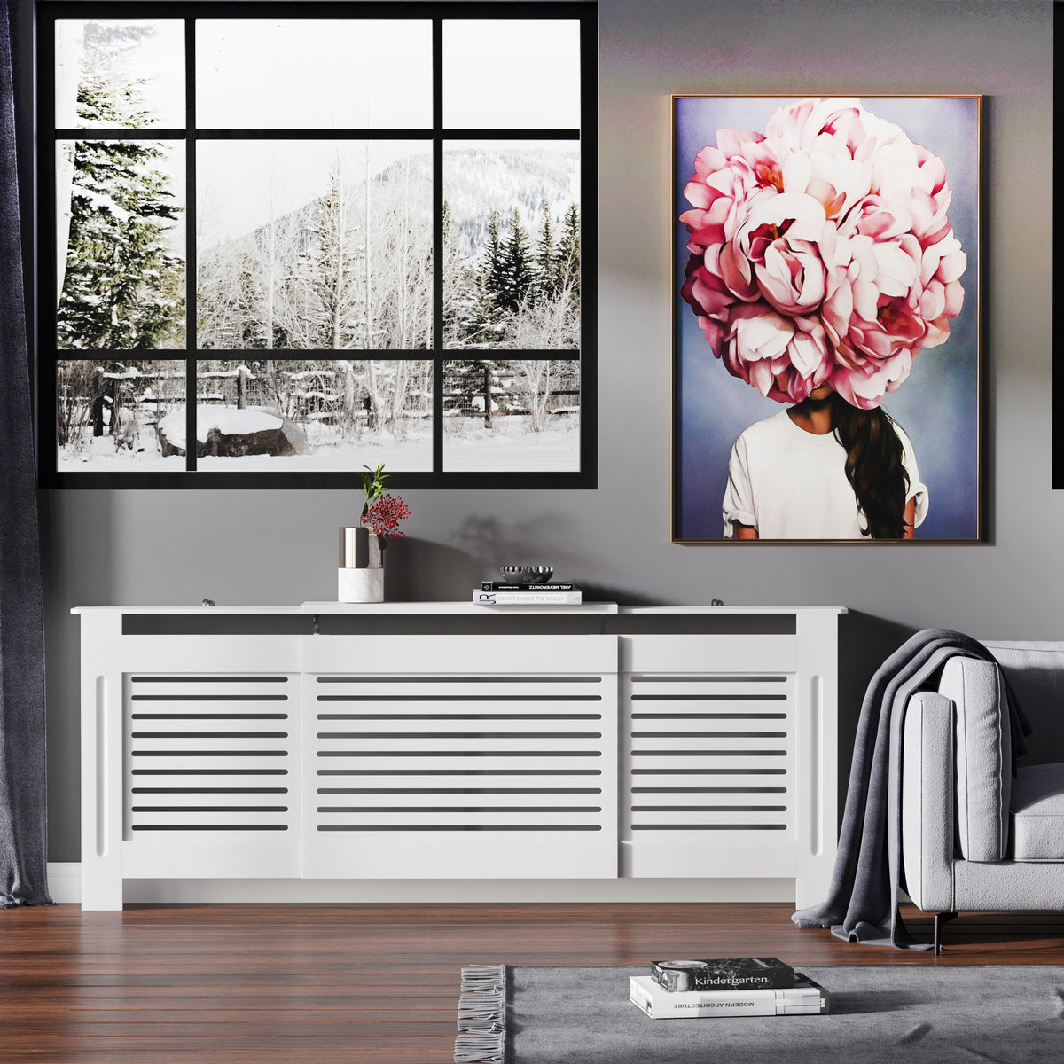 Cubrerradiador de diseño contemporáneo, longitud extensible 139-208,5 x 20,5 x 82,5 cm, MDF blanco