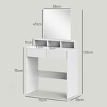 Tocador con espejo, mesa de maquillaje con 2 cajones y 3 compartimentos, estilo moderno, 75 x 38 x 135 cm, blanco