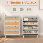 Commode 4 Tiroirs en Bois et Rotin PVC, Style Bohème, pour Chambre à Coucher, Entrée, Couloir, 80x40x109,2cm, Vert Sauge