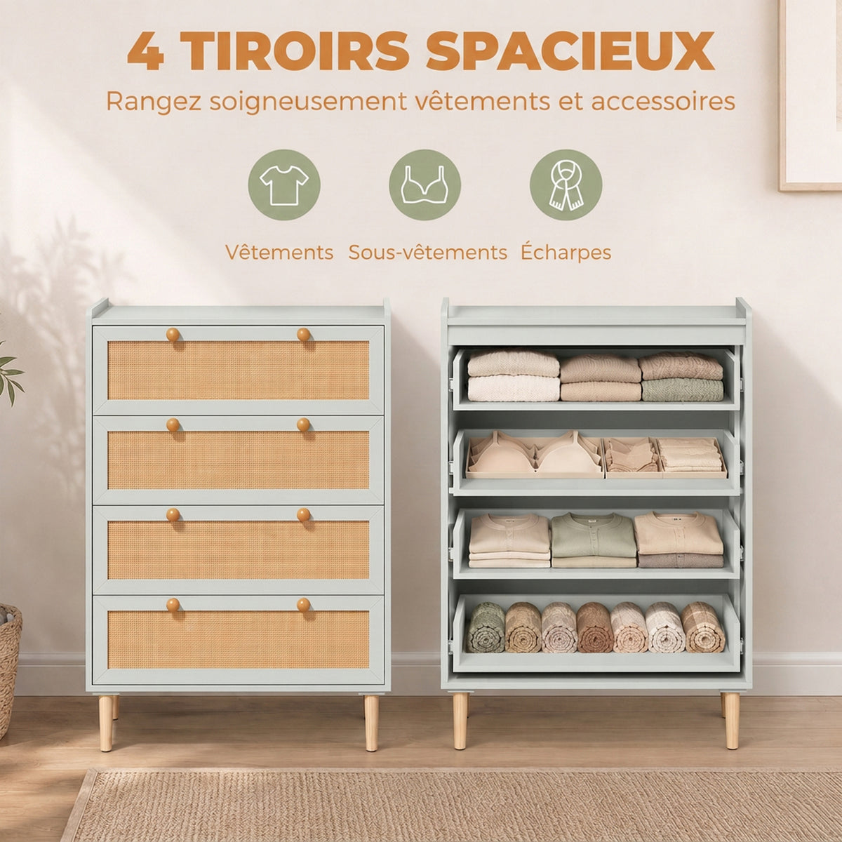 Commode 4 Tiroirs en Bois et Rotin PVC, Style Bohème, pour Chambre à Coucher, Entrée, Couloir, 80x40x109,2cm, Vert Sauge