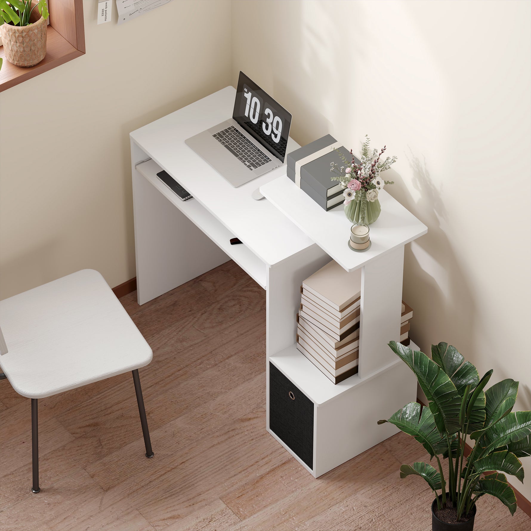 Bureau Informatique multimédia étagères Tablette Clavier Panier Noir Panneaux Particules Blanc