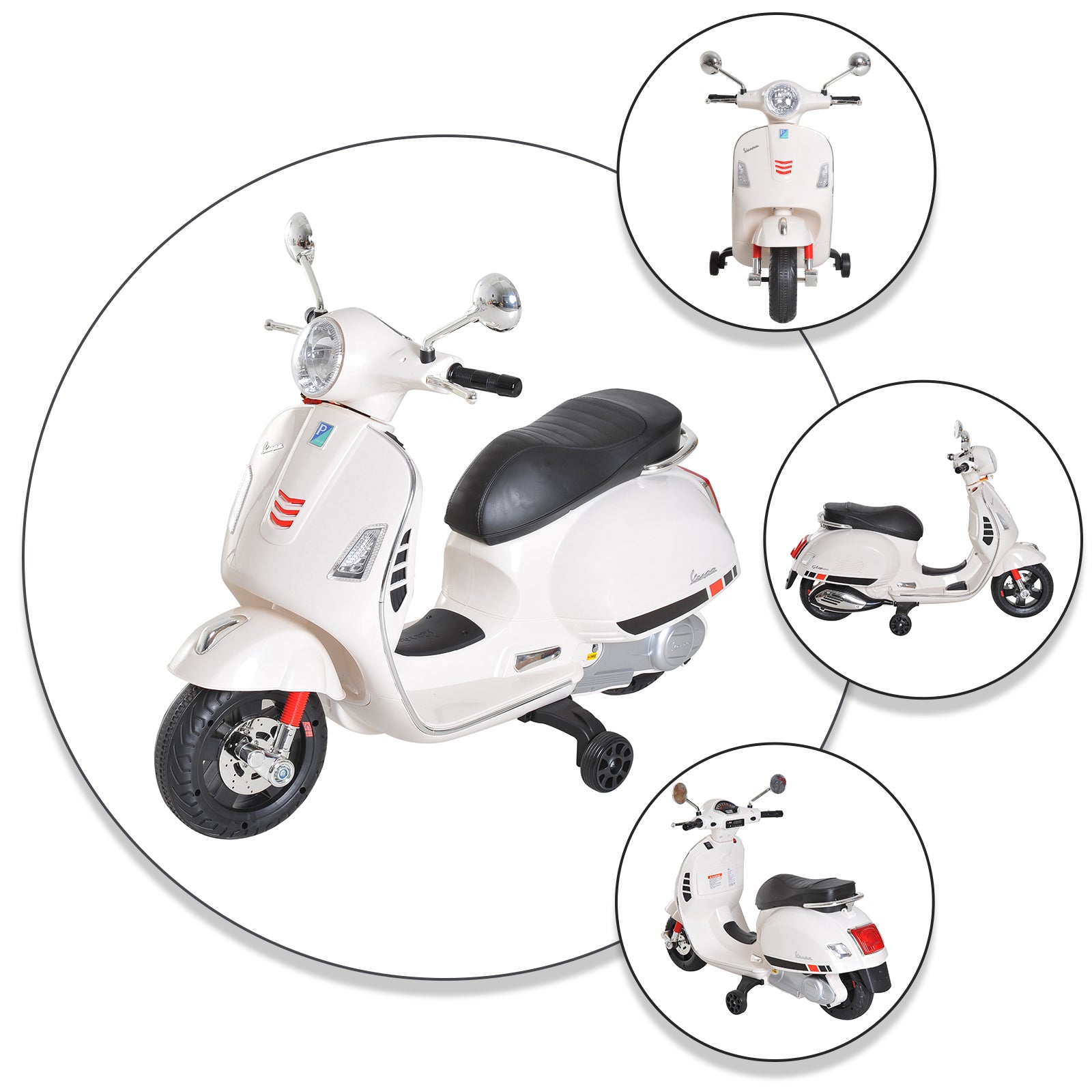 Vespa Scooter Moto électrique Enfants 6 V dim. 102L x 51l x 76H cm Musique MP3 Port USB klaxon Phare feu AR Blanc