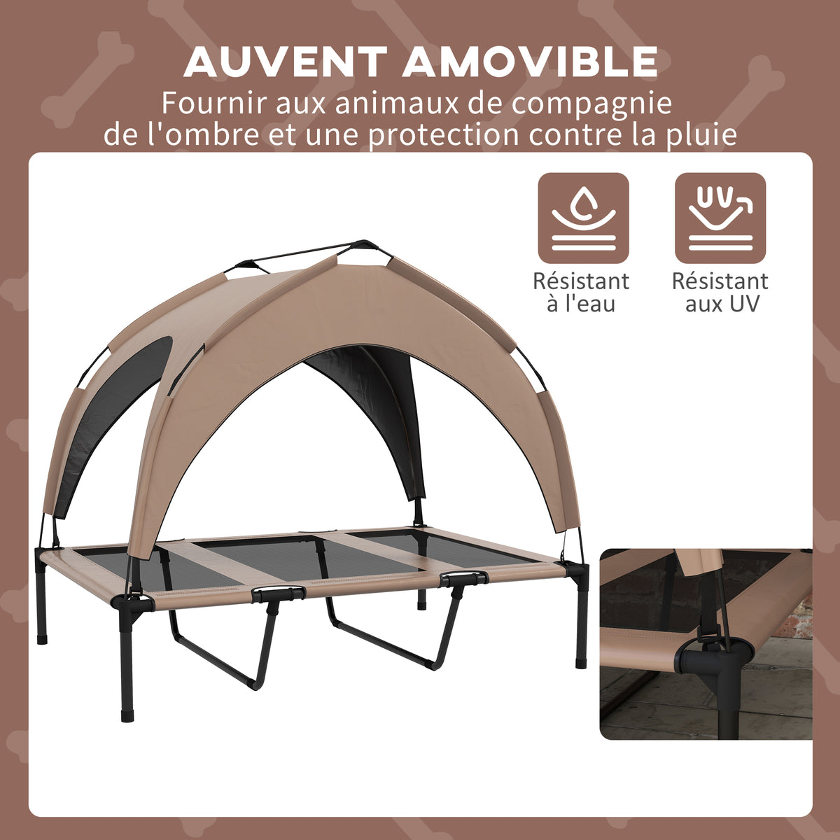 Lit pour chien chat sur pieds lit chien surélevé velum anti-UV oxford sac de transport 106 x 76 x 94 cm café