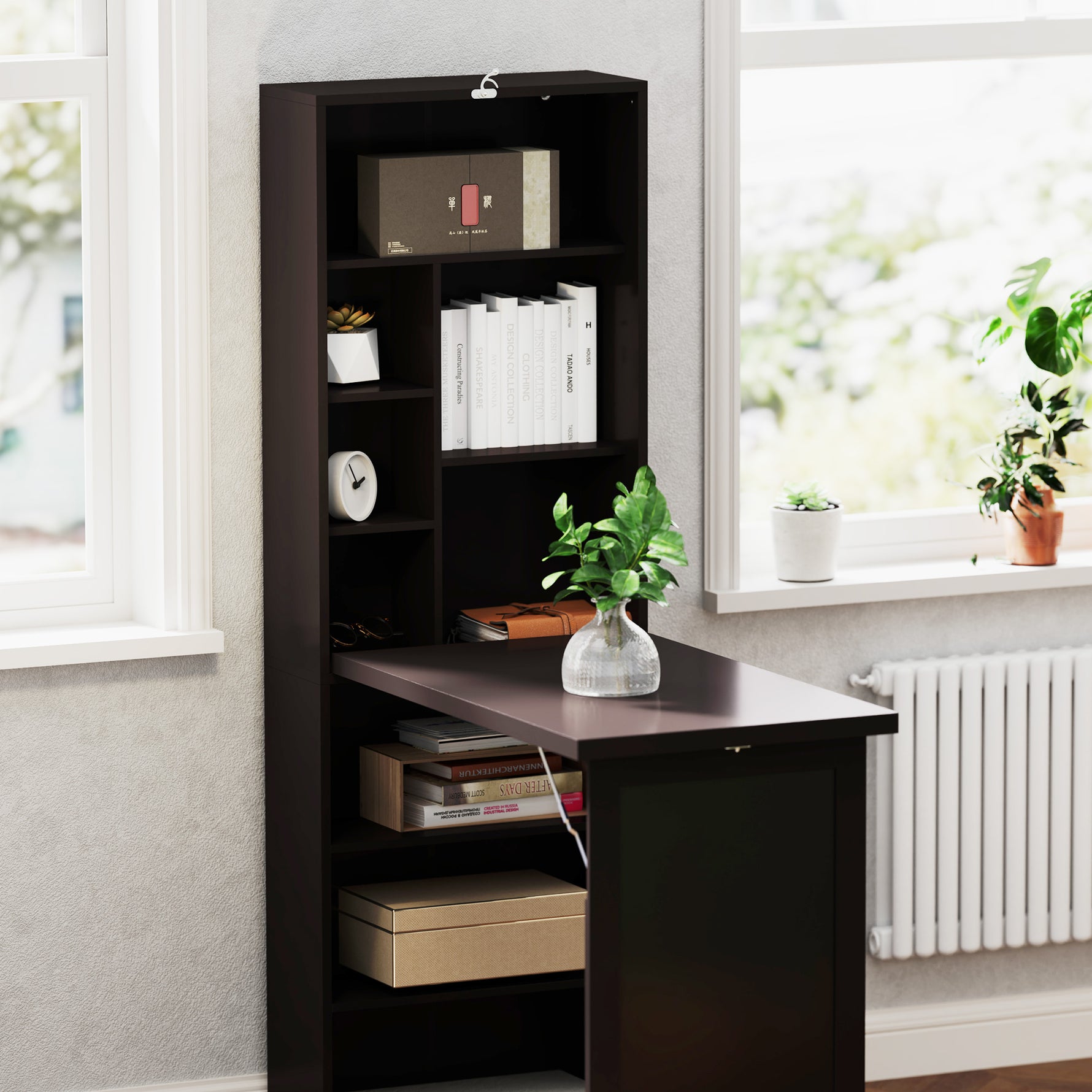 Bureau avec rangement pliable murale rabattable avec bibliothèque poste de travail tableau à craie et étagère réglable