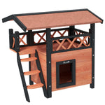 Buitenkattenhuis met terras, trap, dak, villa-nachthok, 77 x 50 x 73 cm bruin en rood