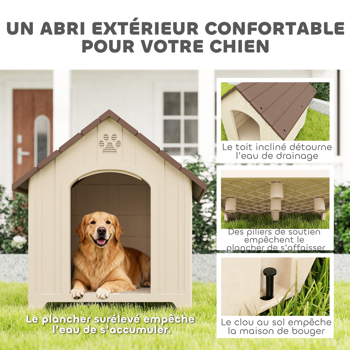 Hundehütte für den Außenbereich, wetterfeste Hundehütte aus Polypropylen, belüftet, erhöhter Boden, beige