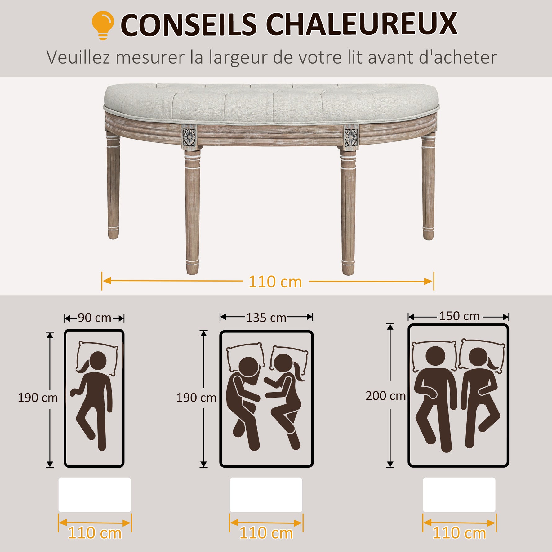 Banc bout de lit en forme demi-lune style Louis XVI structure en bois massif sculpté siège en tissu aspect lin crème