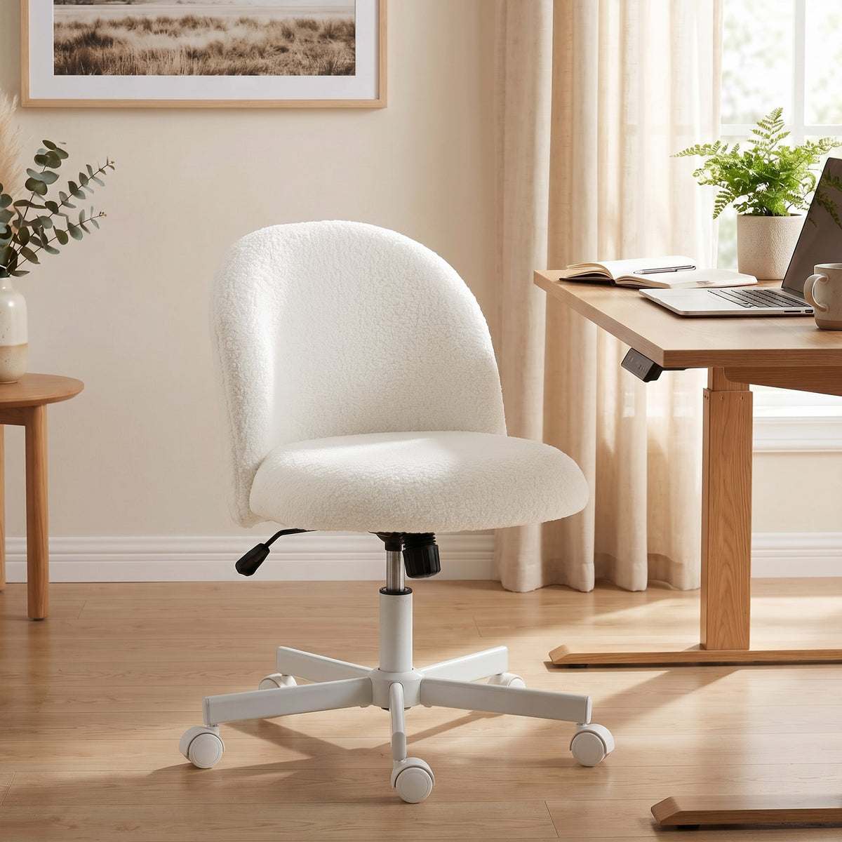 Chaise de Bureau Ergonomique, Fauteuil de Bureau Inclinable en Tissu Bouclette Sans Accoudoirs, Hauteur Réglable, Crème