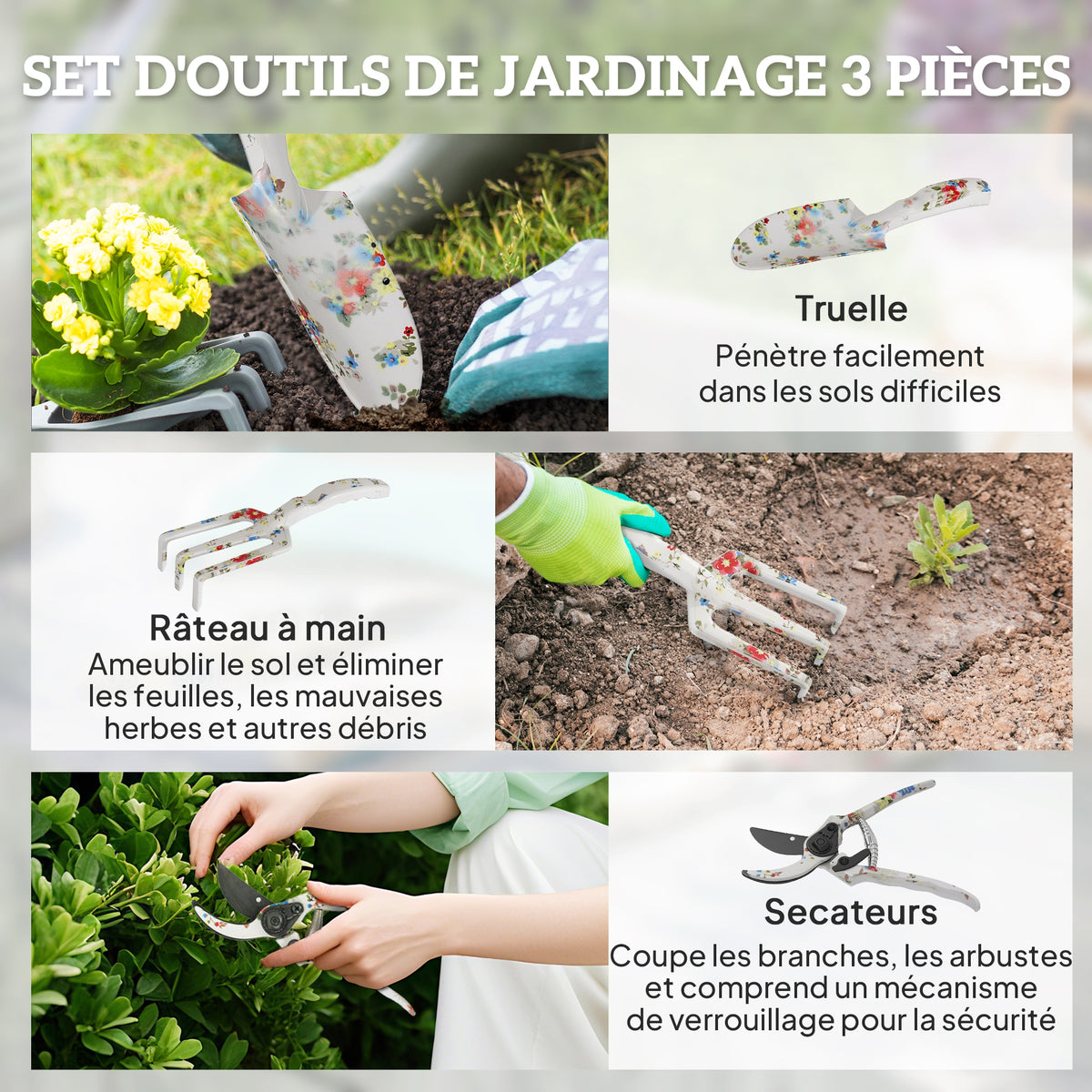Ensemble d'outils de jardinage 3 pièces en aluminium avec sécateur, truelle de jardin, râteau à main, idéal pour taille