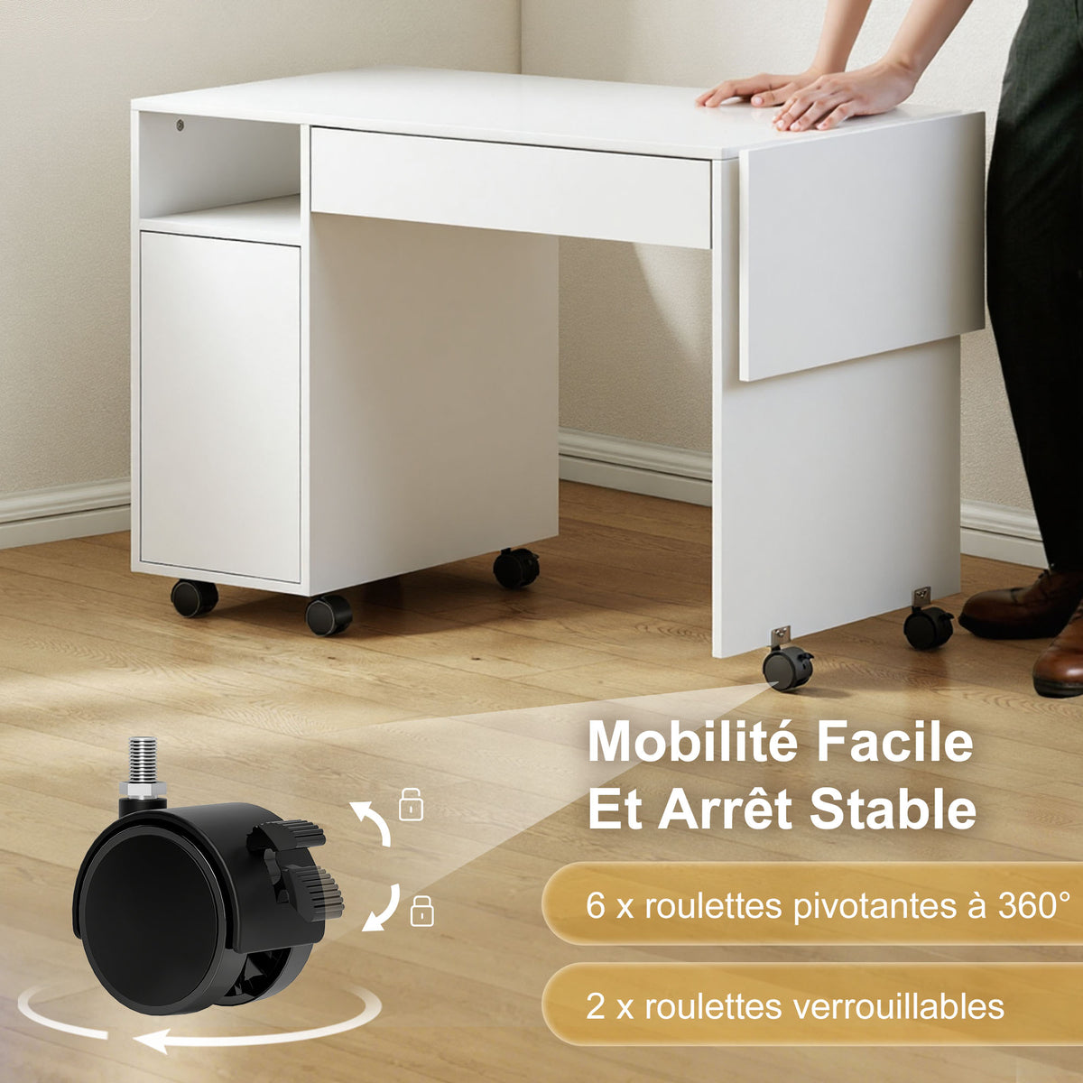 Bureau d'ordinateur sur roulettes, table informatique avec abattant, tiroir, placard et compartiment, 130 x 58 cm, blanc