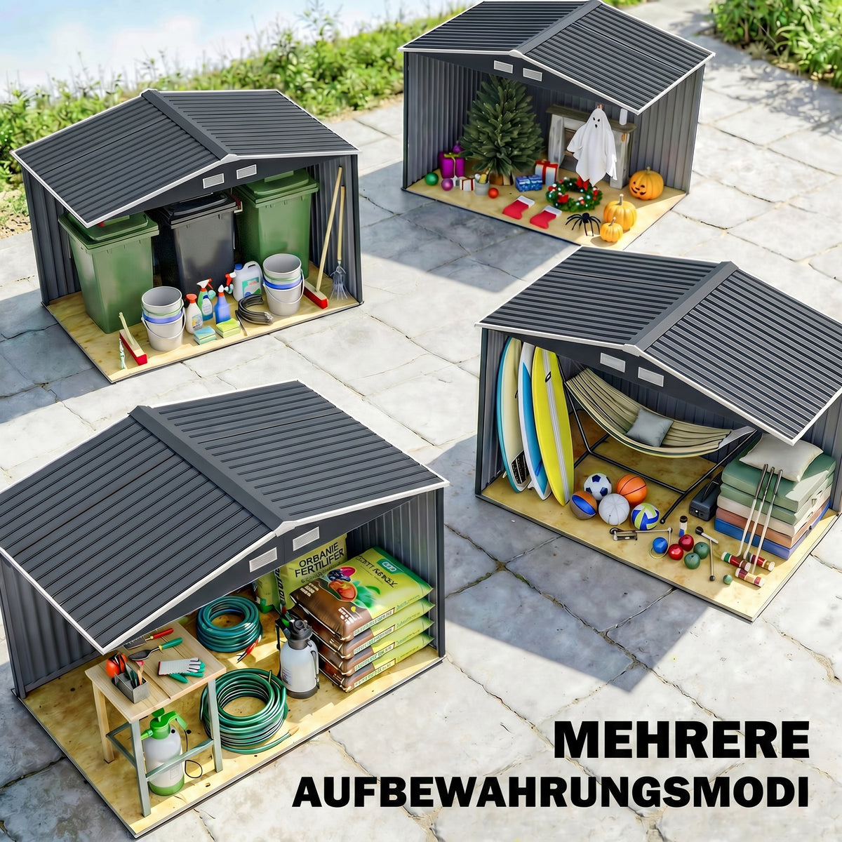 Abri de jardin 5,4 m² 2,77 x 1,95 x 1,92 m kit de fondation porte coulissante ventilations acier galvanisé, gris foncé