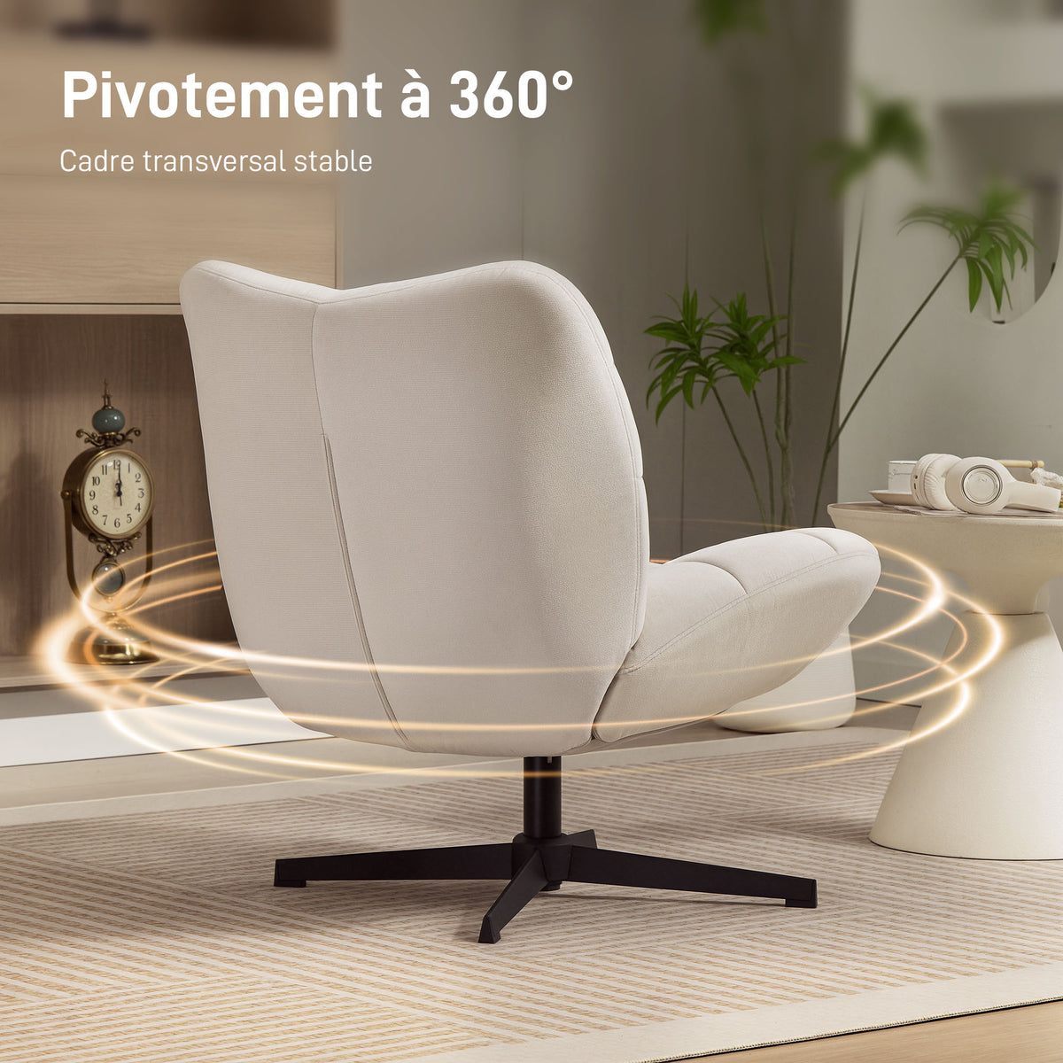 Fauteuil de salon pivotant, chaise rembourrée en chenille sans accoudoirs, assise et dossier larges, 70x80x82cm, crème
