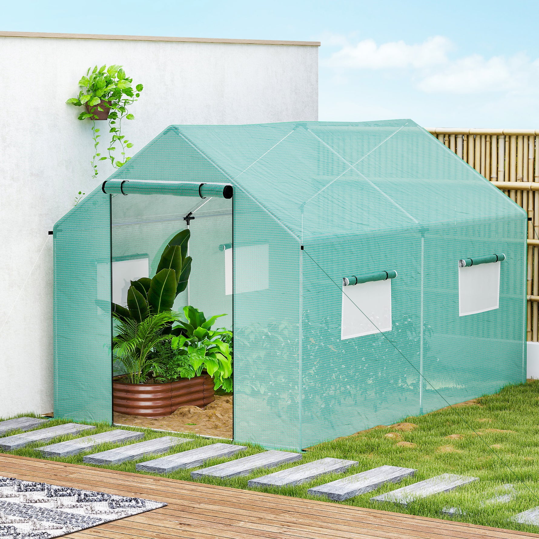 Serre de jardin tunnel 2 x 3m, 6m² avec porte enroulable, 4 fenêtres, - Acier galvanisé PE Haute densité Vert