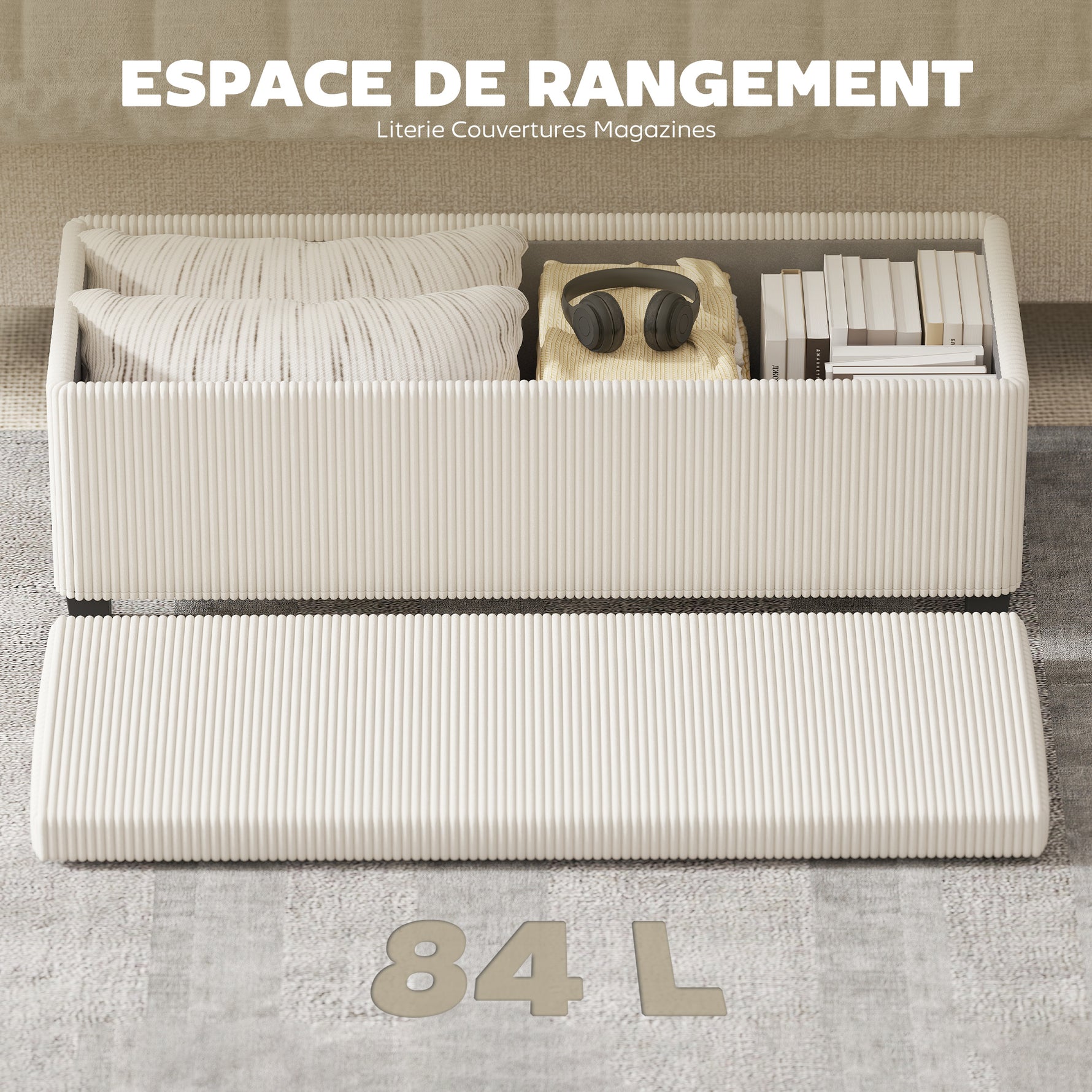 Banc de rangement bout de lit en velours côtelé avec couvercle, pour salon, chambre, entrée, 112 x 42 x 40 cm, beige