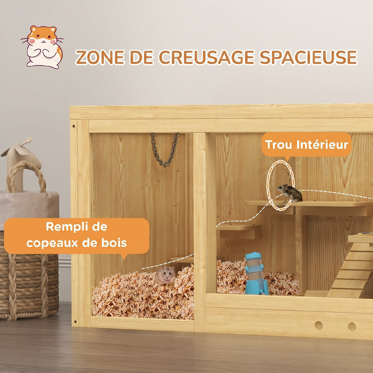 Cage Hamster Habitat pour Rongeurs Souris Plusieurs Niveaux Plateformes Échelle Balançoires 100 x 50 x 50 cm Naturel