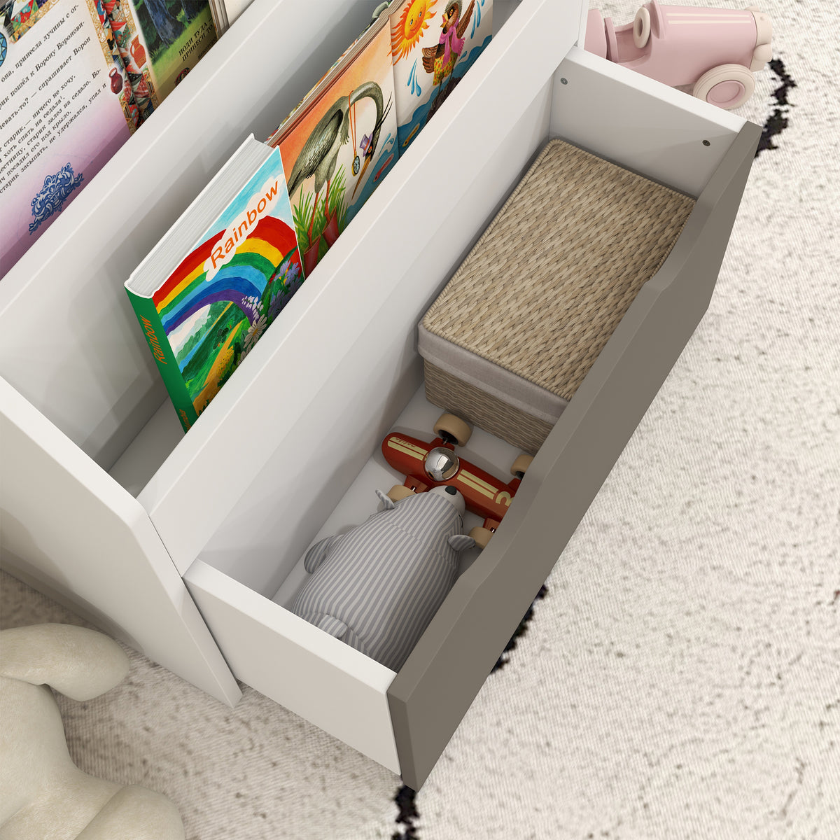 Bibliothèque pour enfants Multi-Rangement avec 3 niveaux d'étagères et un tiroir, 62,5L x 30l x 70H cm, gris et blanc