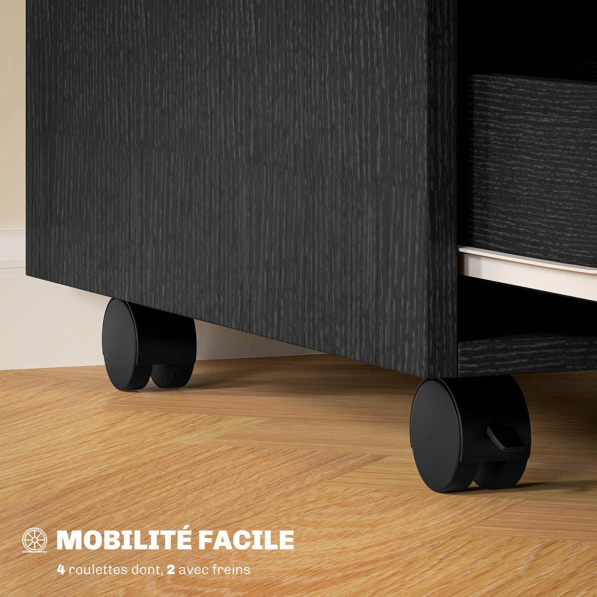 Caisson bureau mobile, meuble rangement bureau sur roulettes, 3 tiroirs, 40x50x57,5cm, noir